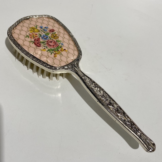 HAIR BRUSH, Vintage Pink Floral Embroidered Back